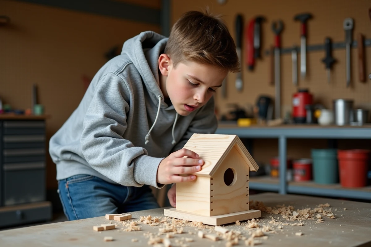 Adolescent construisant une cabane à oiseaux en bois dans un atelier de garage