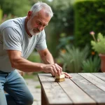 Homme appliquant un dégriseur sur une table de jardin en teck grisé avec une brosse sur une terrasse en pierre