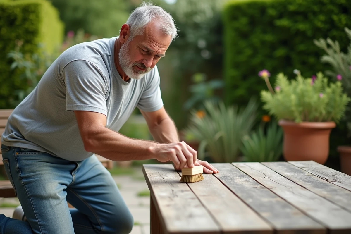 Homme appliquant un dégriseur sur une table de jardin en teck grisé avec une brosse sur une terrasse en pierre