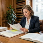 Avocate consultant le code pénal français dans un cabinet juridique, illustrant les sanctions pénales de l'article 222-33-2