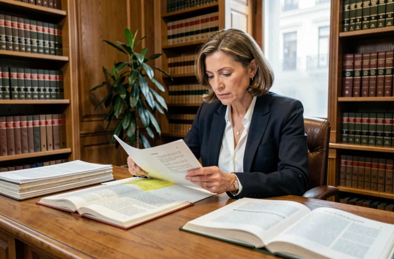 Avocate consultant le code pénal français dans un cabinet juridique, illustrant les sanctions pénales de l'article 222-33-2