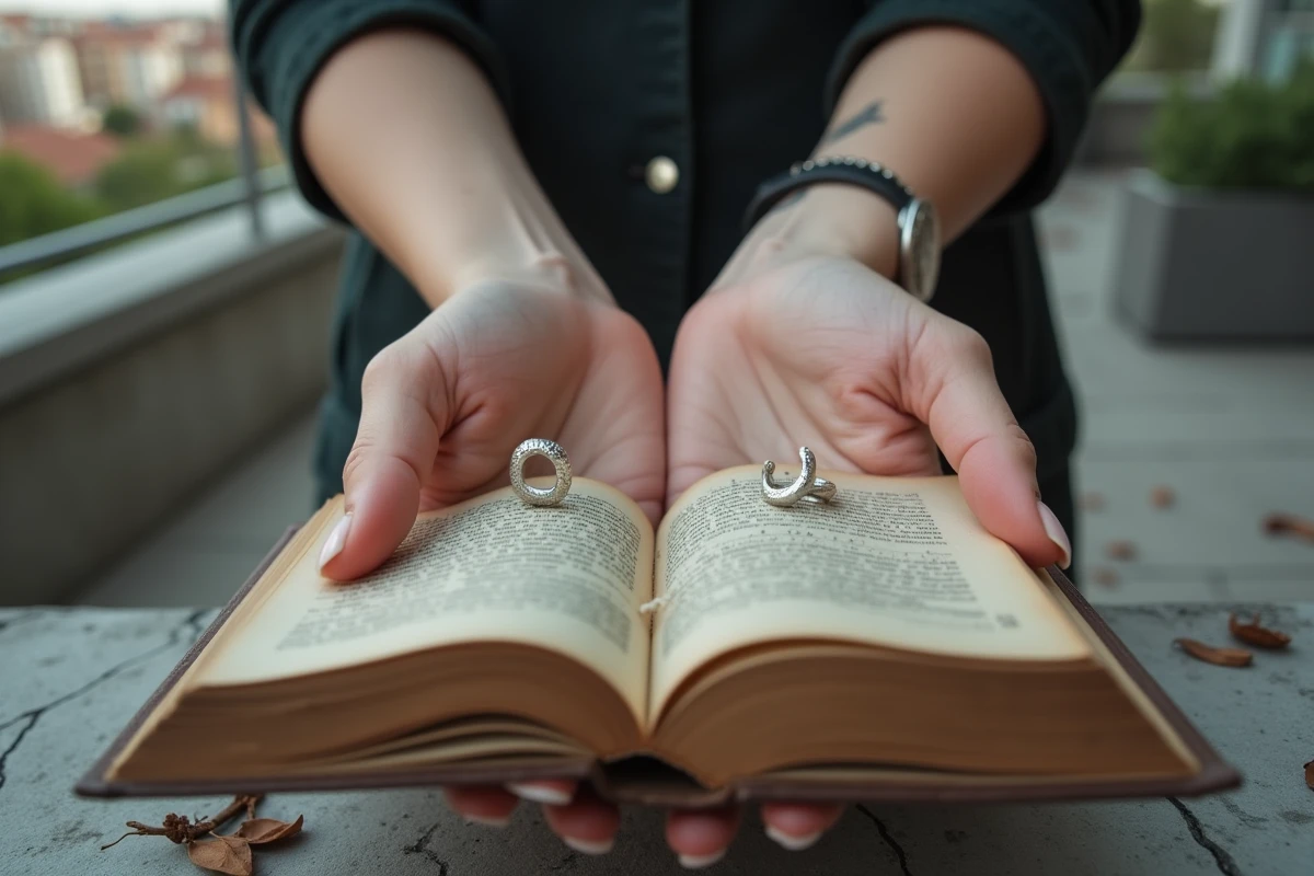 Bague infini en argent portée par une femme à côté d'un livre ancien illustrant le symbole lemniscate