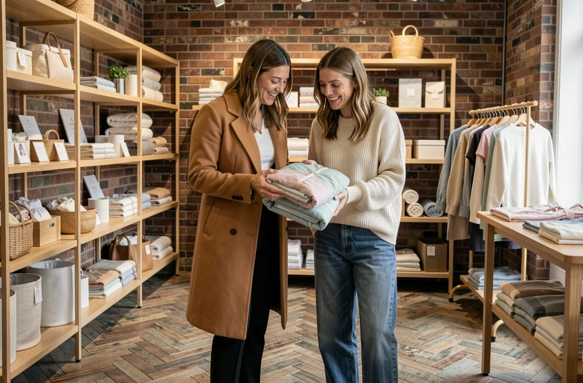Deux femmes élégantes explorant une boutique lifestyle avec articles mode et maternité