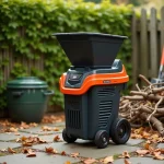 Broyeur de jardin électrique 5100W posé sur une terrasse en pierre entouré de branches et de feuilles mortes