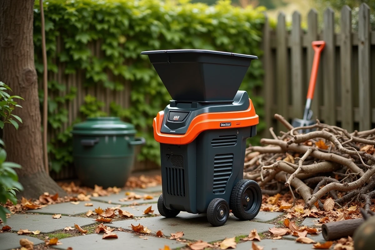 Broyeur de jardin électrique 5100W posé sur une terrasse en pierre entouré de branches et de feuilles mortes