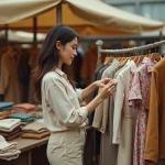 Femme consultant les prix de vêtements vintage sur un marché aux puces pour estimer son budget garde-robe