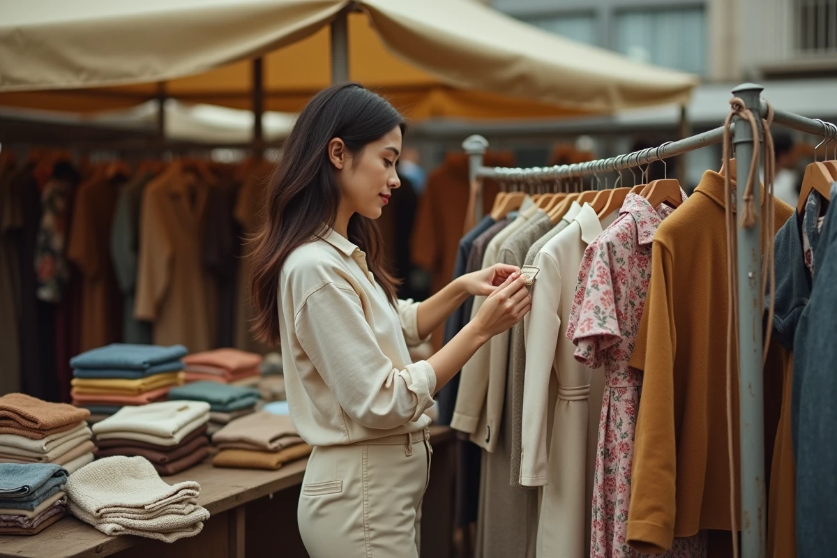 Femme consultant les prix de vêtements vintage sur un marché aux puces pour estimer son budget garde-robe