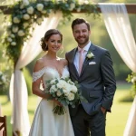 Couple de mariés devant une arche fleurie lors d'une cérémonie de mariage en plein air avec décoration rustique et chic