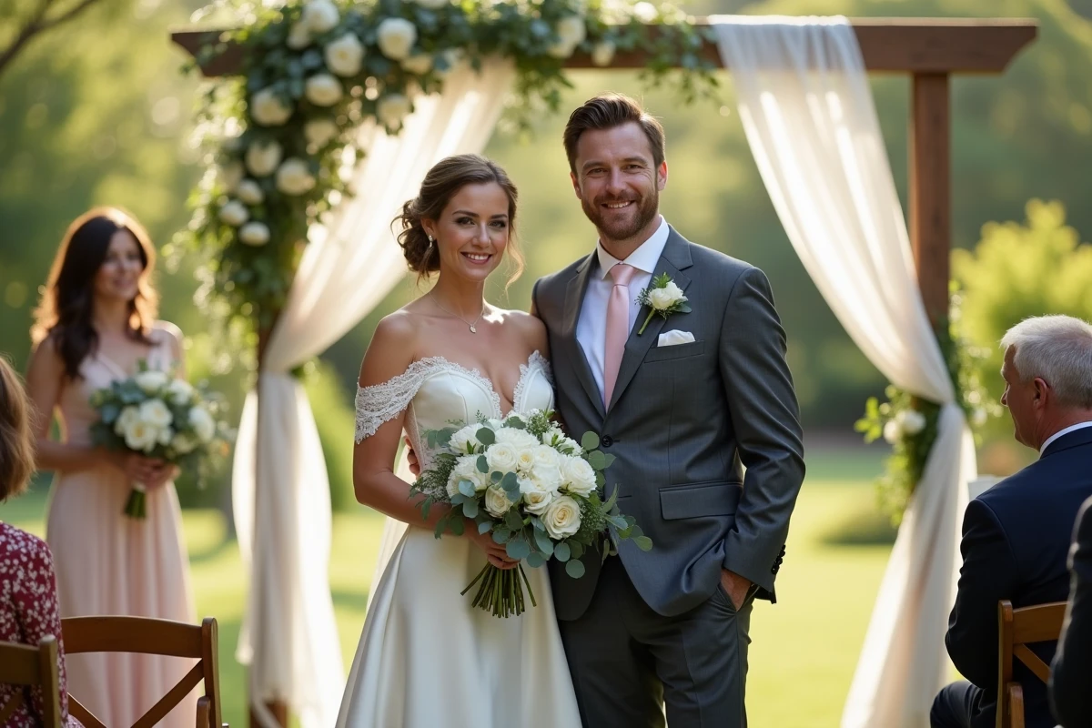 Couple de mariés devant une arche fleurie lors d'une cérémonie de mariage en plein air avec décoration rustique et chic