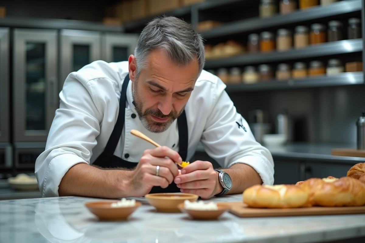 Chef cuisinier dégustant une sauce dans une cuisine professionnelle avec des épices et des ustensiles disposés sur un plan de travail en marbre