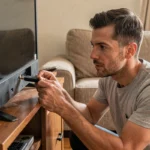 Homme connectant un Amazon Fire Stick à un téléviseur dans un salon moderne sans box internet