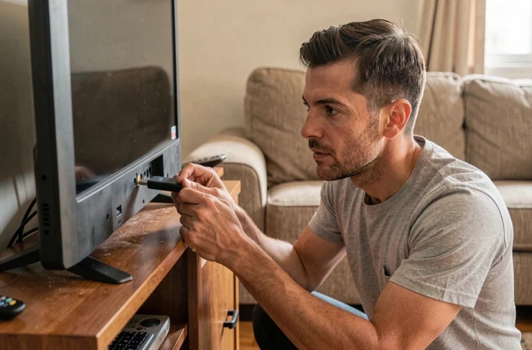 Homme connectant un Amazon Fire Stick à un téléviseur dans un salon moderne sans box internet
