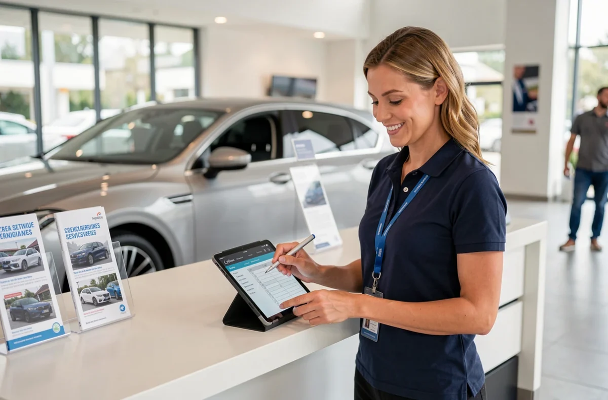 Conseillère de service automobile accueillant un client au comptoir d'Armoric Auto