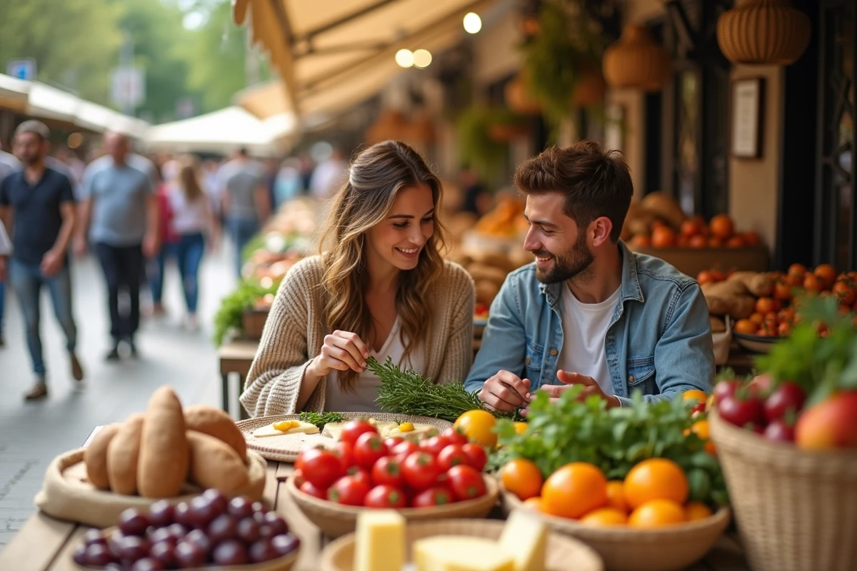 Couple découvrant des produits frais et des herbes aromatiques sur un marché de producteurs français en plein air