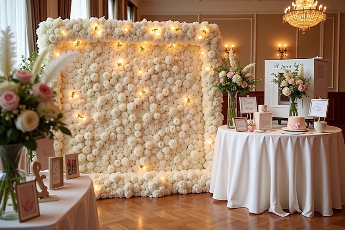 Table d'accessoires et kiosque photobooth installés dans une salle de réception de mariage décorée de fleurs