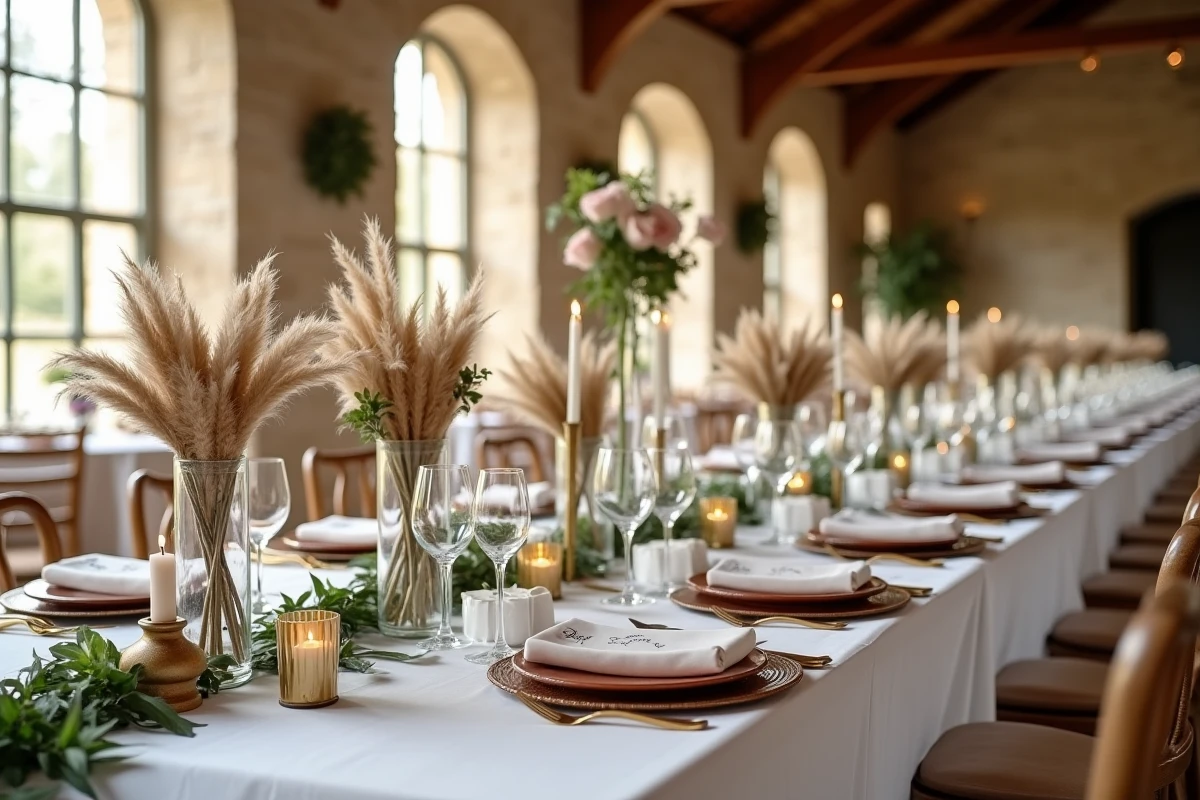 Table de réception de mariage décorée avec élégance dans un château, tendances florales et art de la table pour un mariage chic