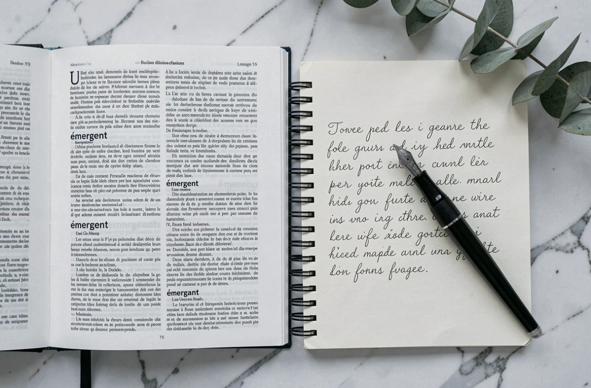 Vue de dessus d'un dictionnaire français ouvert et d'un cahier manuscrit illustrant les définitions d'émergent et émergeant sur marbre blanc