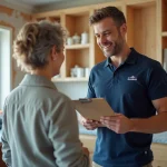 Entrepreneur en rénovation discutant des travaux avec une propriétaire dans une cuisine en cours de rénovation