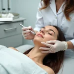 Esthéticienne réalisant une épilation électrique du visage par électrolyse sur une cliente dans un cabinet de soin professionnel