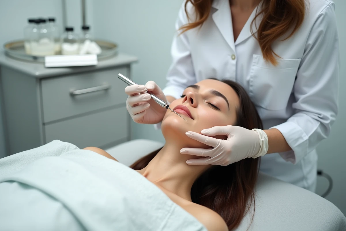 Esthéticienne réalisant une épilation électrique du visage par électrolyse sur une cliente dans un cabinet de soin professionnel