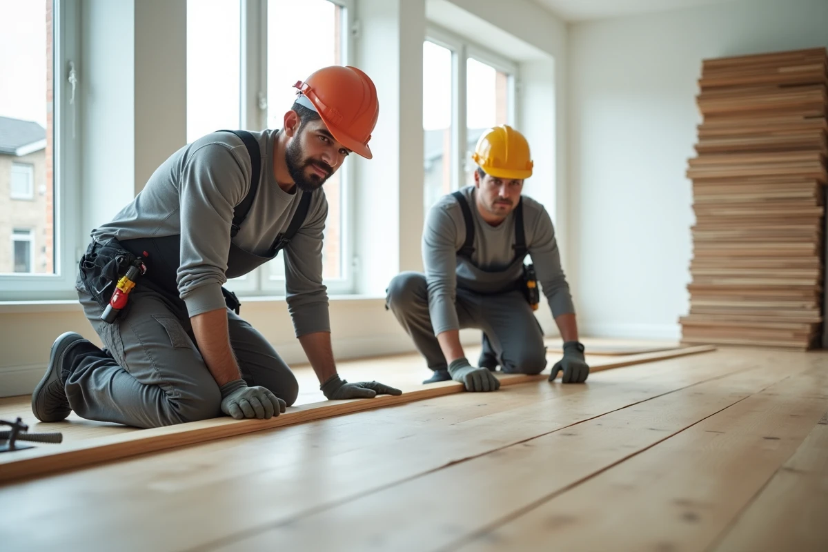 Équipe d'ouvriers professionnels posant un parquet en bois dans un salon en rénovation