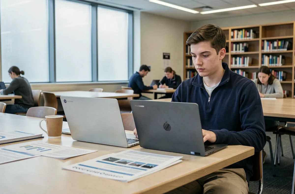 Étudiant comparant deux ordinateurs portables dans une bibliothèque universitaire moderne, avec des fiches techniques et une tasse de café sur la table