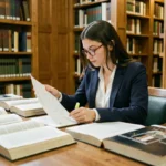 Étudiante en droit comparant des documents juridiques et scientifiques dans une bibliothèque universitaire