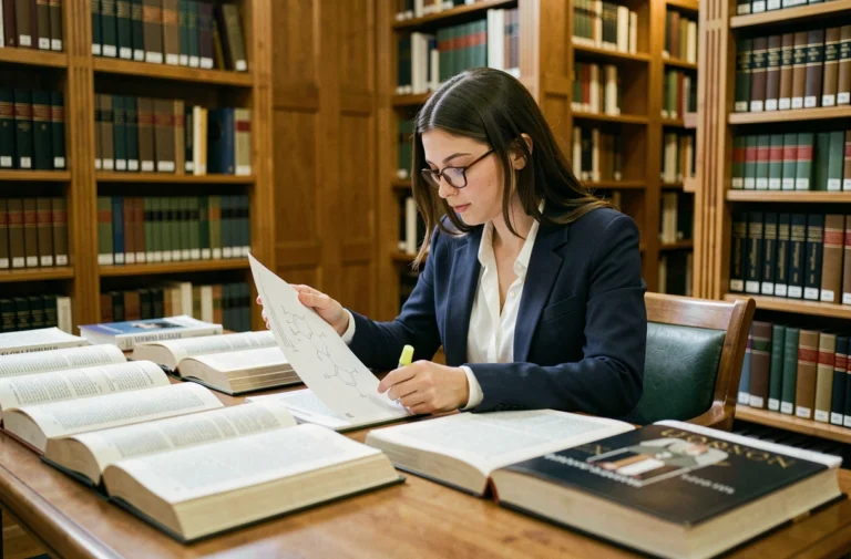 Étudiante en droit comparant des documents juridiques et scientifiques dans une bibliothèque universitaire