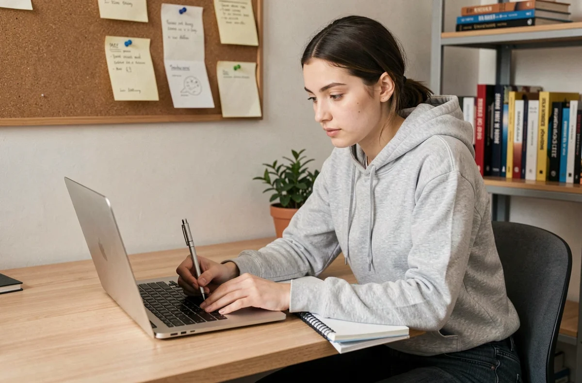 Étudiante utilisant un laptop slim sur un bureau en bois dans une chambre universitaire moderne, entourée de cahiers et manuels scolaires