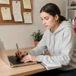 Étudiante utilisant un laptop slim sur un bureau en bois dans une chambre universitaire moderne, entourée de cahiers et manuels scolaires