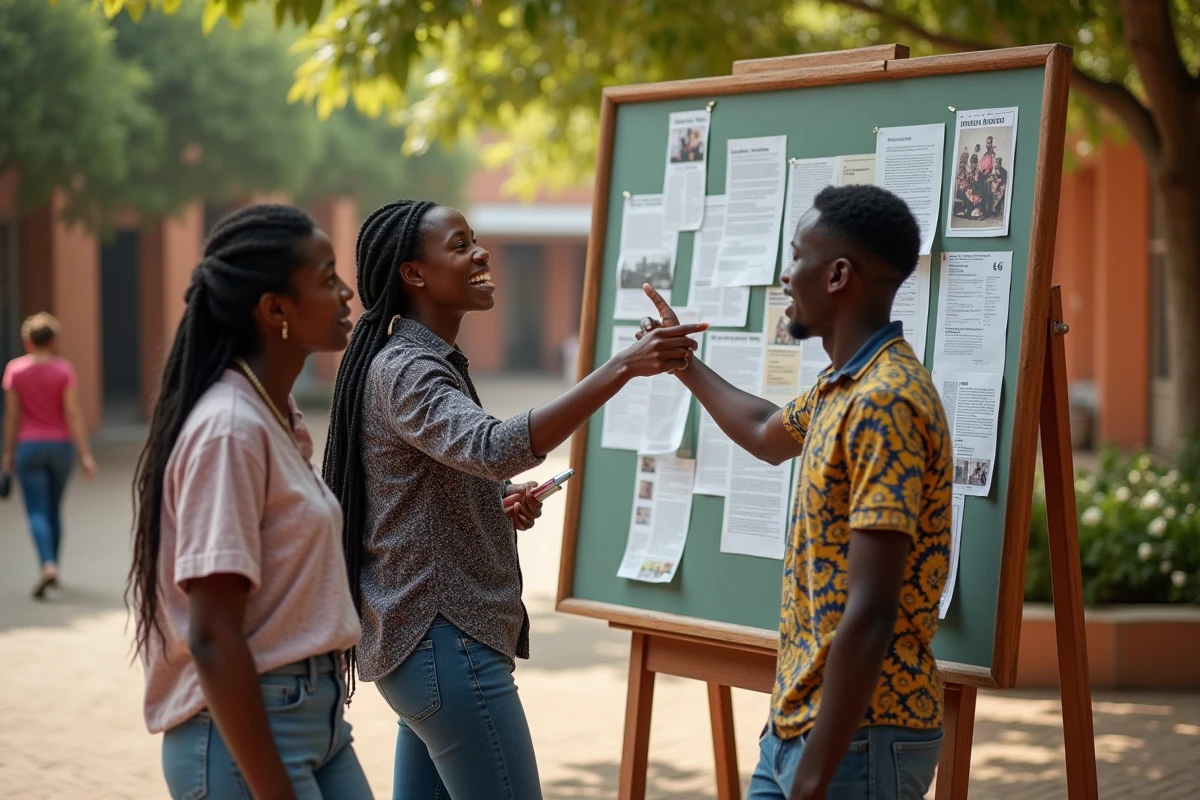 Etudiants beninois discutant autour d un panneau d affichage