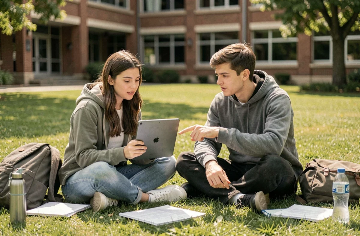 Deux étudiants révisant ensemble sur la pelouse d'un campus universitaire avec une tablette et des notes, dans une ambiance décontractée