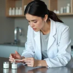 Femme experte en blouse blanche évaluant des produits professionnels sur un comptoir en acier inoxydable dans un studio moderne