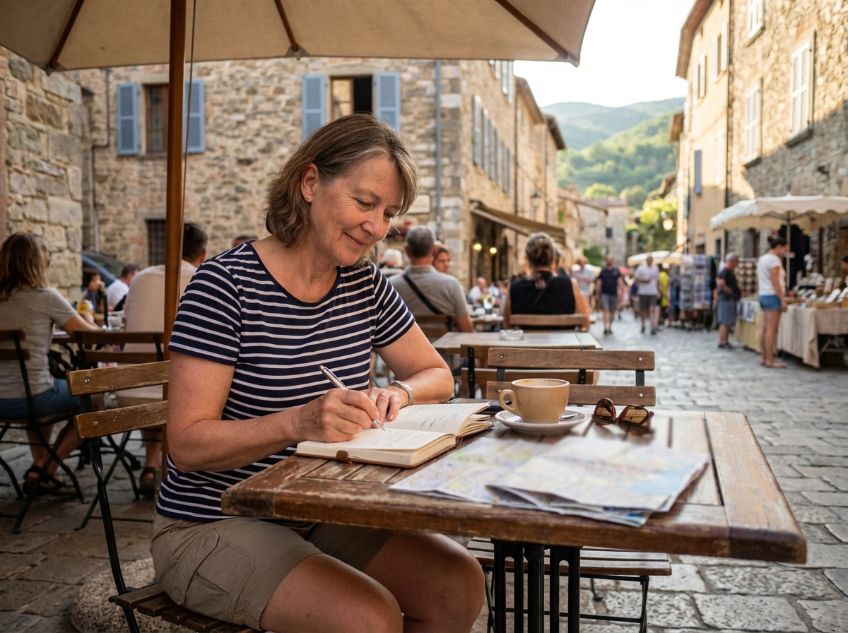 Femme relaxee prenant des notes au cafe a Argeles sur Mer