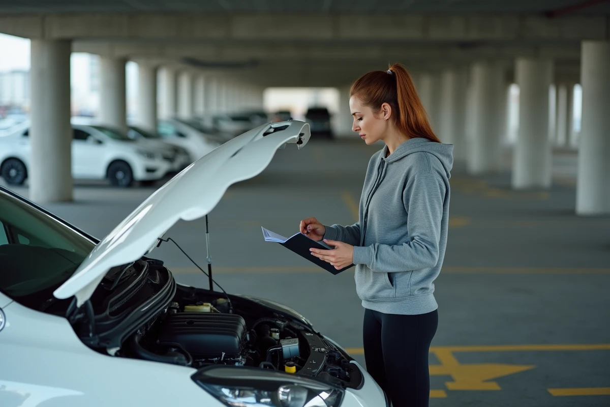 Femme consultant une liste de contrôle d'entretien devant le capot ouvert de sa voiture dans un parking souterrain