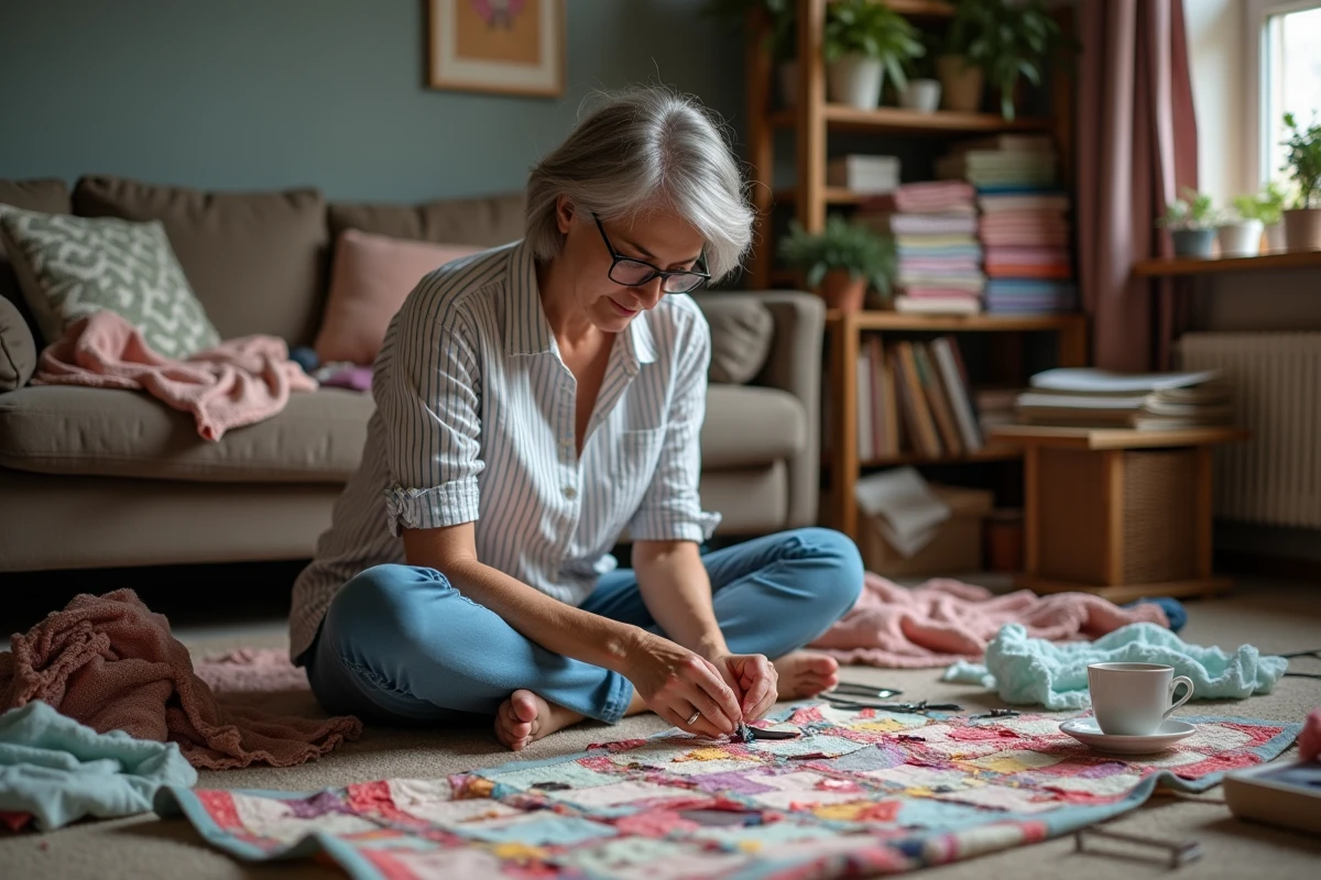 Femme mature cousant un patchwork coloré assise sur le sol de son salon