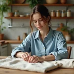Femme en denim recyclé et lin repassant des sacs