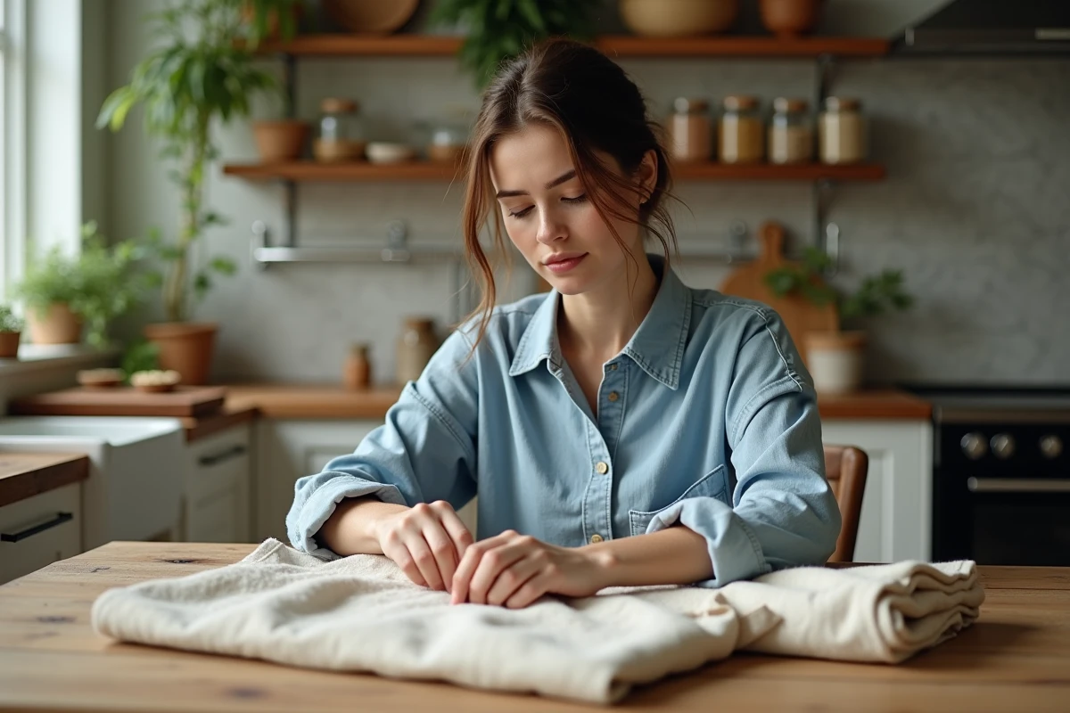 Femme en denim recyclé et lin repassant des sacs