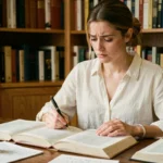 Jeune femme étudiant la grammaire française avec des livres ouverts sur un bureau en bois, illustrant la nuance entre émergent et émergeant