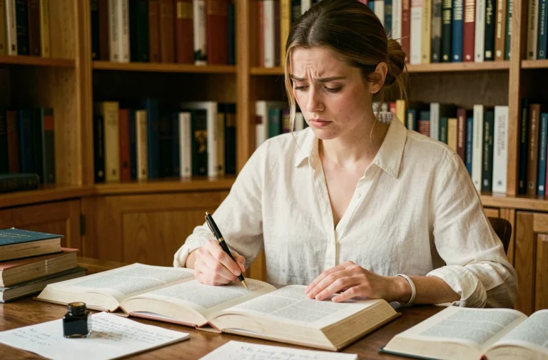 Jeune femme étudiant la grammaire française avec des livres ouverts sur un bureau en bois, illustrant la nuance entre émergent et émergeant