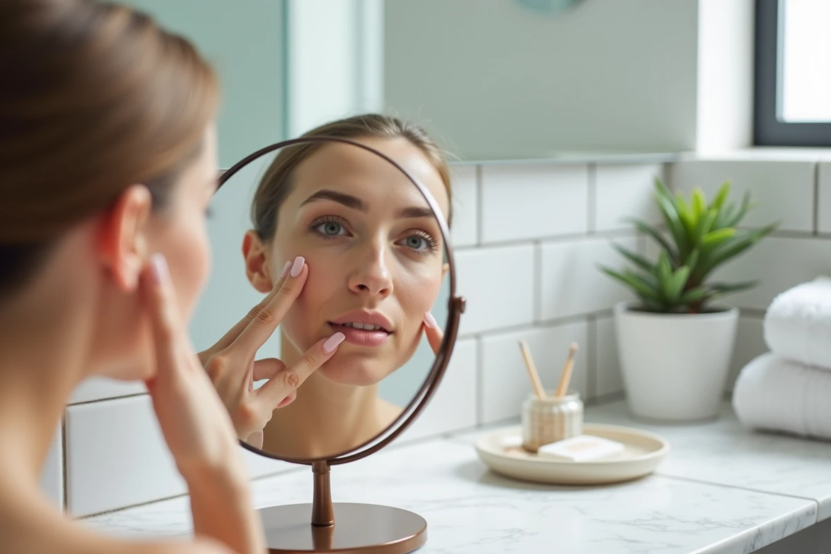 Femme examinant son visage dans un miroir grossissant pour évaluer les poils à traiter par électrolyse