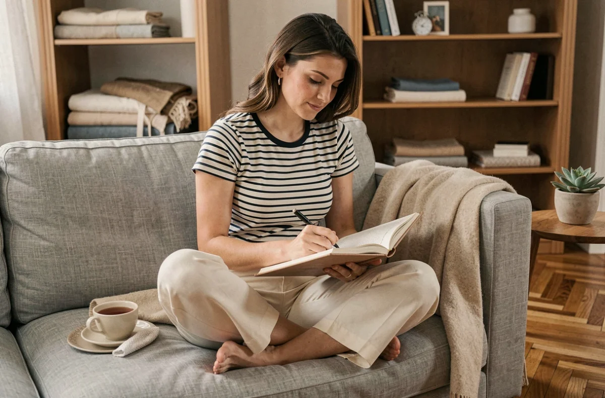 Femme détendue écrivant dans un journal lifestyle sur un canapé en lin dans un intérieur élégant