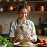 Femme passionnée de cuisine en train de dresser une assiette de légumes colorés dans une cuisine rustique avec des ustensiles en cuivre