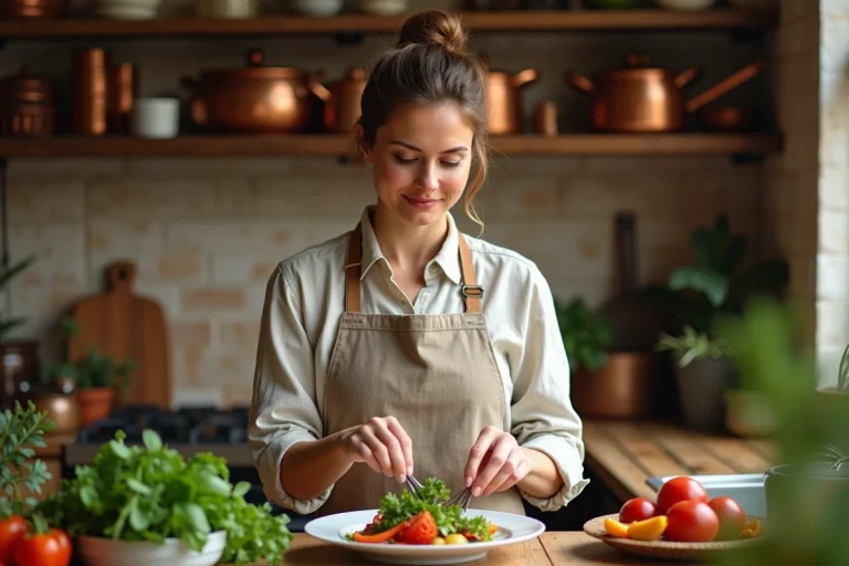 Femme passionnée de cuisine en train de dresser une assiette de légumes colorés dans une cuisine rustique avec des ustensiles en cuivre