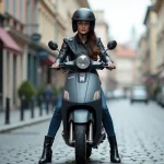 Femme de petite taille assise sur un maxi scooter en milieu urbain, les pieds à plat sur le sol, démontrant l'accessibilité d'un scooter à selle basse