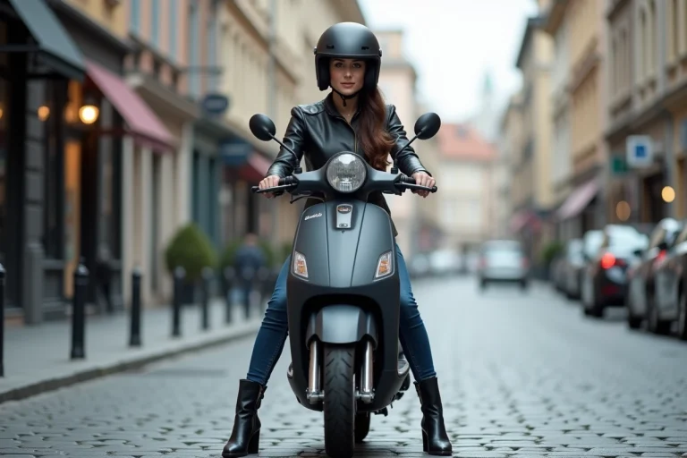 Femme de petite taille assise sur un maxi scooter en milieu urbain, les pieds à plat sur le sol, démontrant l'accessibilité d'un scooter à selle basse
