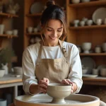 Femme adulte faisant de la poterie sur un tour en atelier créatif artisanal