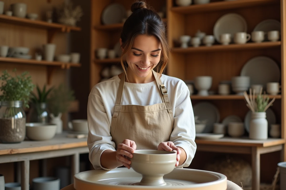 Femme adulte faisant de la poterie sur un tour en atelier créatif artisanal