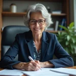 Femme de 62 ans en blazer marine révisant des documents officiels relatifs à sa prime de fin de carrière dans un bureau administratif