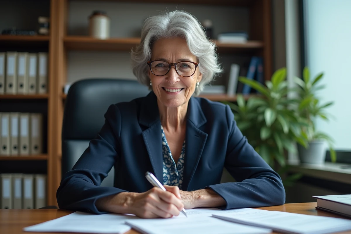 Femme de 62 ans en blazer marine révisant des documents officiels relatifs à sa prime de fin de carrière dans un bureau administratif